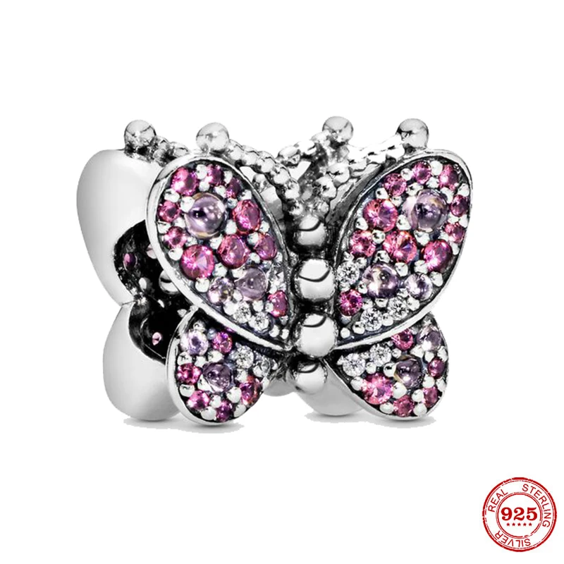 Бусина-Шарм бабочка из серебра 925 пробы с розовым паве