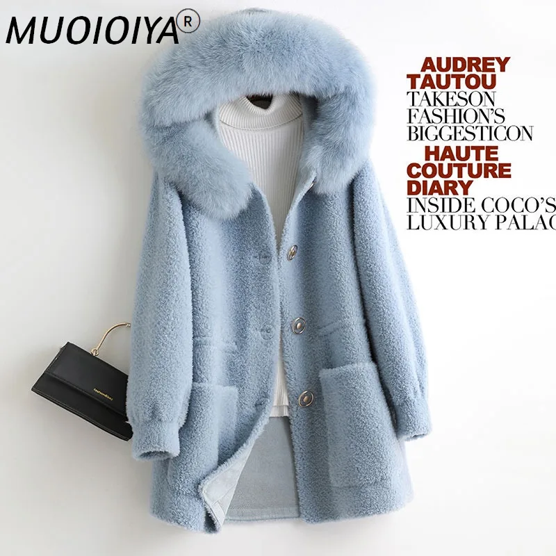 

2022 Casual Hooded Real Sheep Shearing Coat Female Autumn Winter Fox Fur Collar Wool Jacket Women Casaco Feminino Gxy748