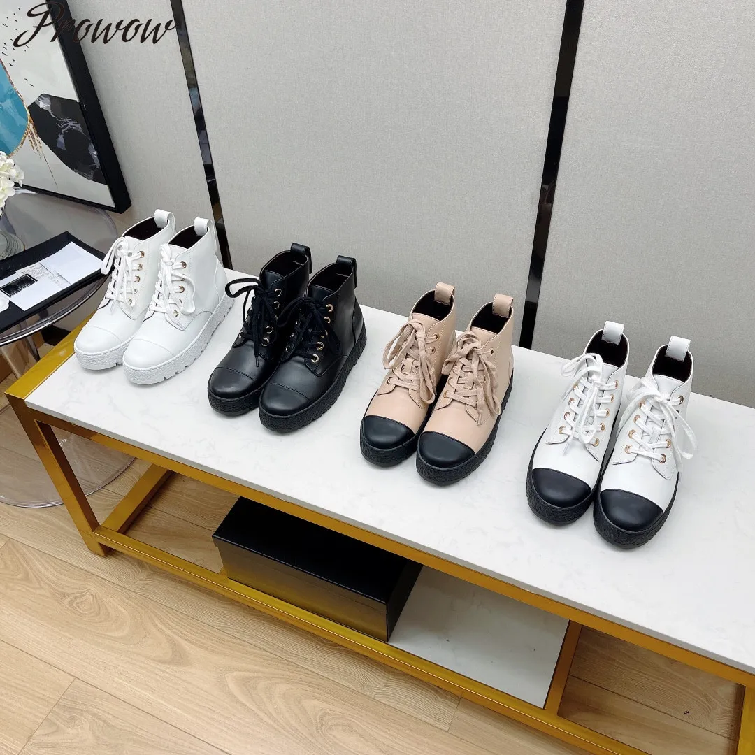 

Prowow New Lace-up Mixed Colors Short Boots Women Autumn Winter Genuine Leather Platform Boots Designer Shoes Size 35-41