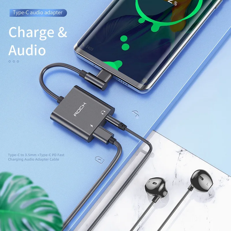 ROCK Type C to 3.5 Jack aux 60W PD Fast charge Cable Adapter for huawei mate 20 pro Samsung S9 type c Audio OTG |