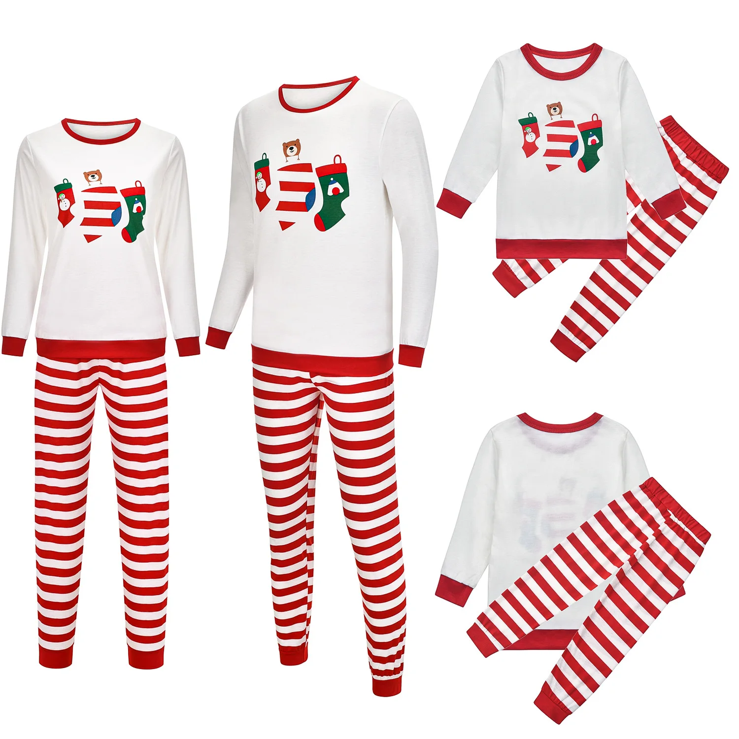 

QSROCIO Women's Pajamas Set Christmas Red Striped Sleepwear Cotton Parent-Child Homewear Family Nightwear Casual Pyjamas Femme