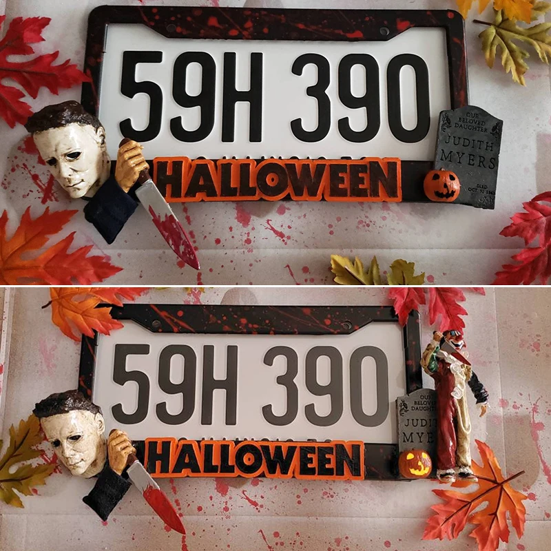 

Halloween Michael Myers License Plate Frame Resin Halloween Themes Decoration For Universal Car Durable Halloween Decoration