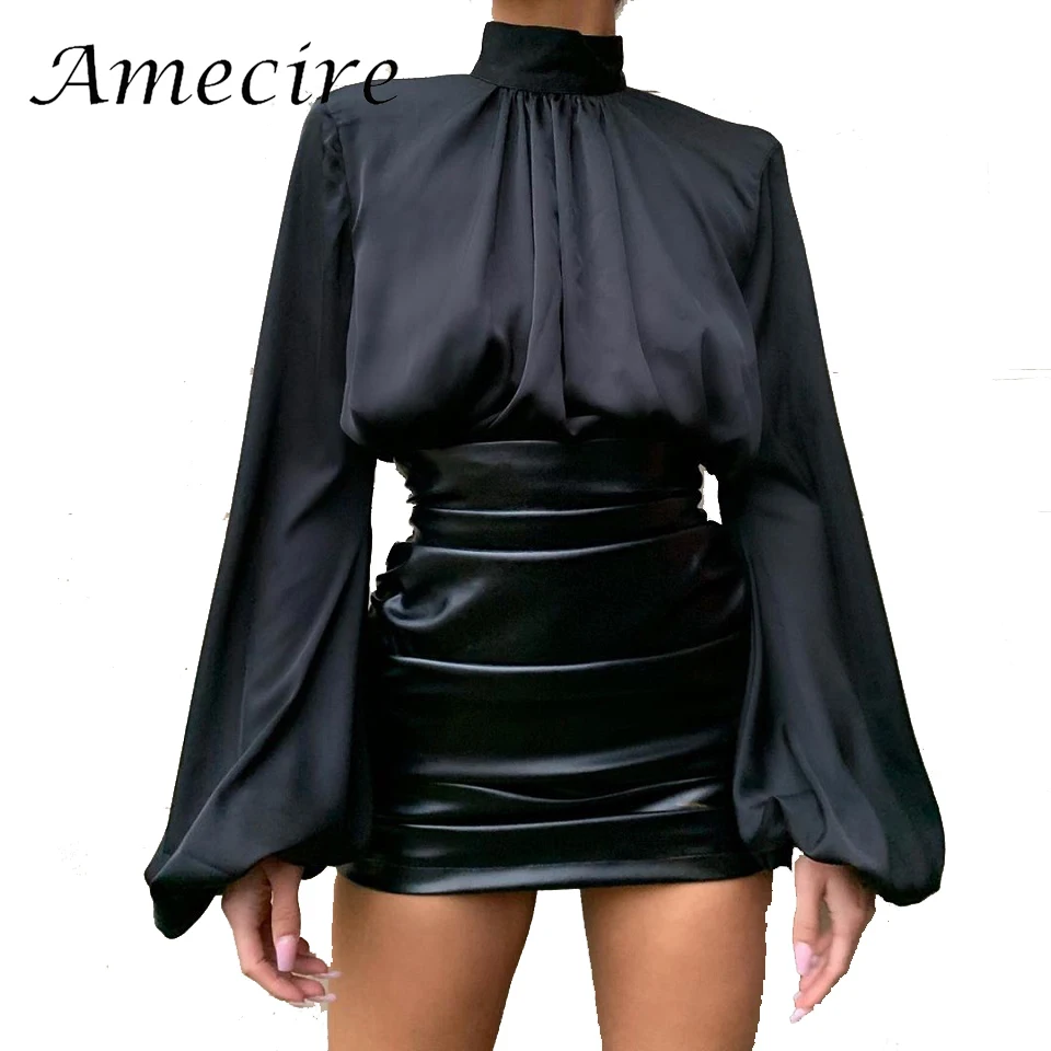 Amecire новый элегантный костюм шелковая короткая блузка рубашка и искусственная