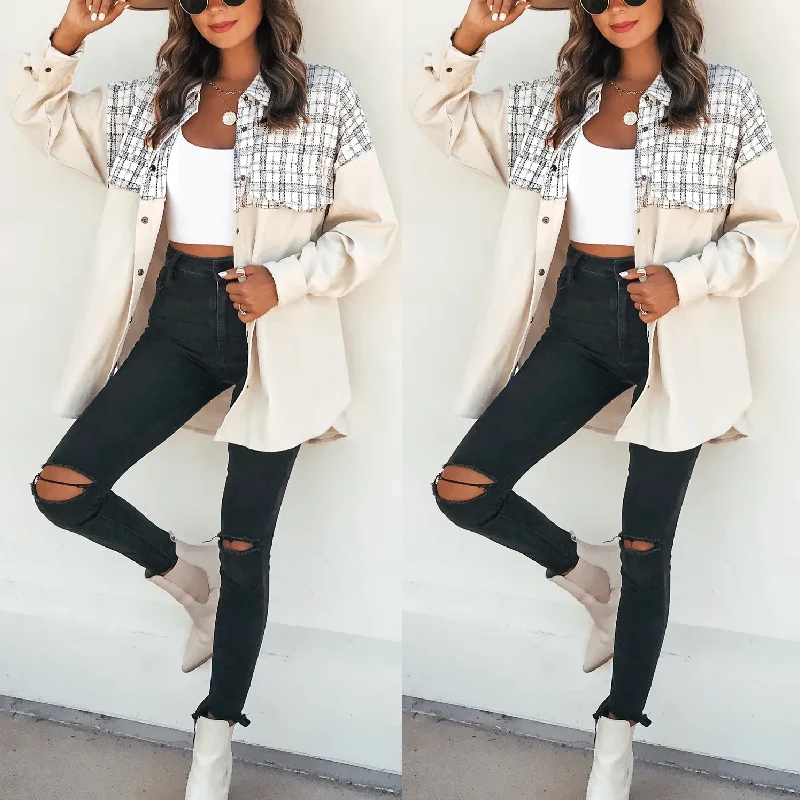 

2021 casual lapela manga comprida bolso xadrez costurado veludo casaco feminino