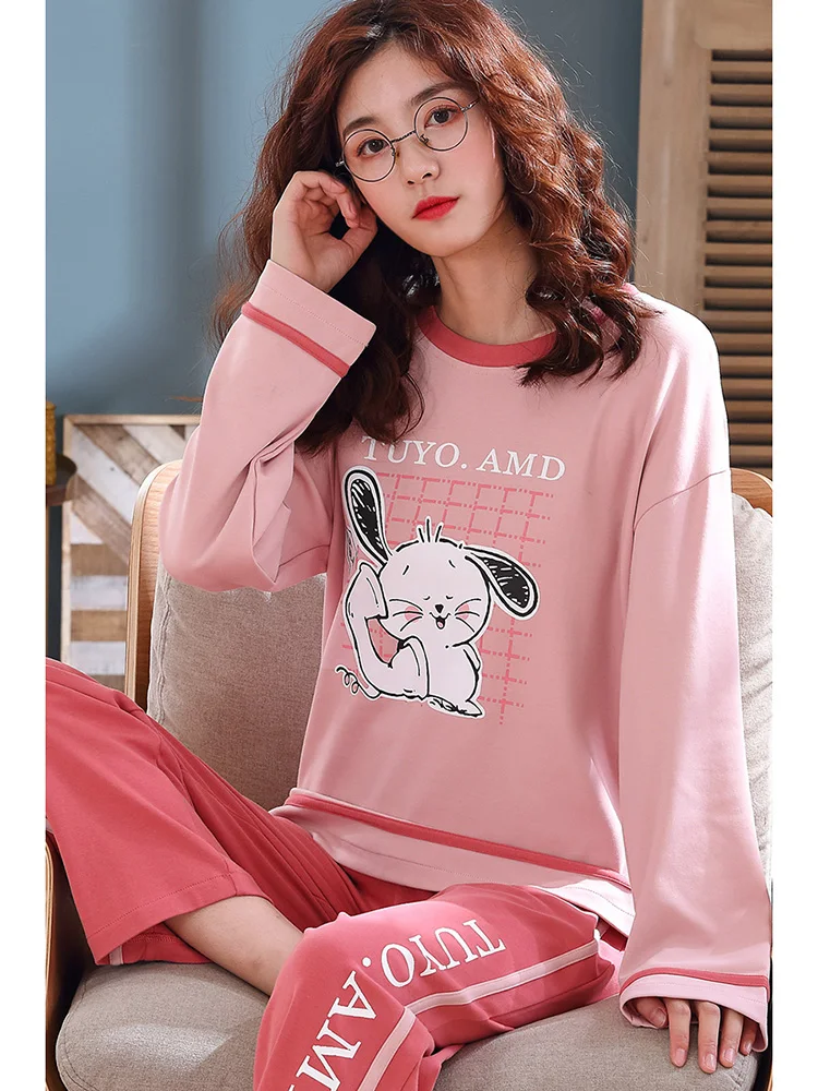

2PC Pink Hot Sale Female Pajama Sets Cartoon Printed Pyjama Soft Sweet Pijama Cute Casual Sleepwear Spring Autumn Nightwear