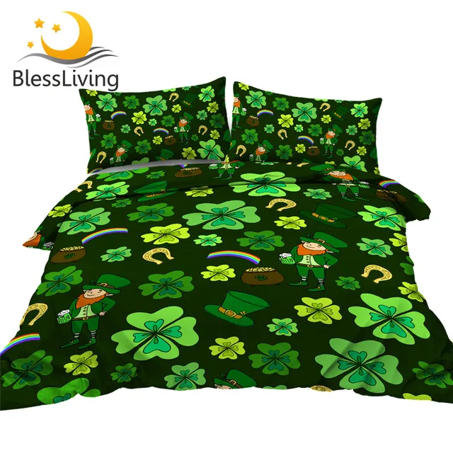 BlessLiving Shamrocks Bedding Set St. Patrick's Day Bed Cover Lucky Rainbow Horseshoe Home Decor Green Leprechaun Bedspreads 1