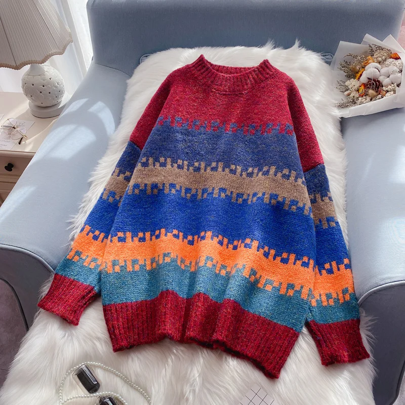 

Женский трикотажный пуловер EBAIHUI, свитер контрастных цветов с круглым вырезом и длинными рукавами в Корейском стиле на осень и зиму