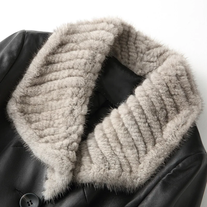 Superior Real Sheepskin Genuine Leather Mink Collar Black Long Three Buttons 3XL Turn-down Collar Women Winter Lady Quilted Coat