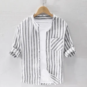 Мужская летняя рубашка в полоску, с воротником-стойкой