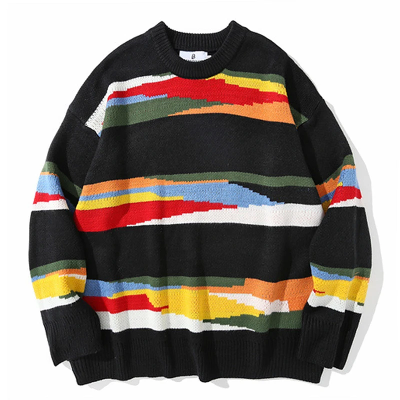

Sweater Oversize Men Hip Hop Sweaters Knitted Sweater Rainbow Streetwear Harajuku 2021 Mens Fashion Casual Pullover Tops Coats