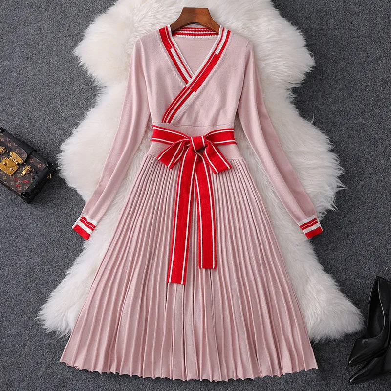 New Fashion Fall Winter Dress Woman Clothes 2019 Elegant Long Sleeve V Neck Lace Up Pleated Knitting Sweater Casual | Женская одежда