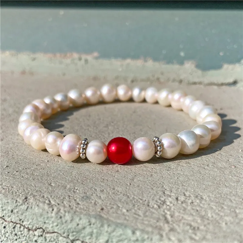 7 8 мм красный жемчуг натуральный пресноводный белый барочный браслеты круглые