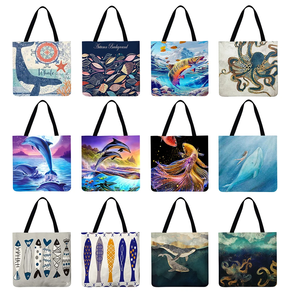 

Reusable Linen Shopping Handbags Casual Ladies Fish Series Printed Pattern Tote Square Large Capacity Storage Bag