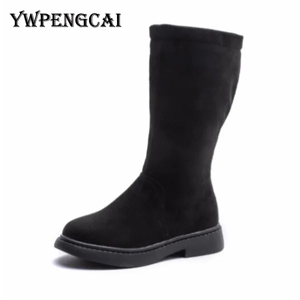 Черный YWPENGCAI Autumn Winter Kids Warm Thick Fur High Boots For Girl Flock PU Leather Girls Boots Size 26-36 - Цвет: Черный
