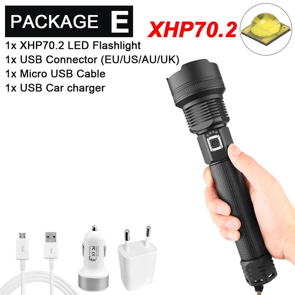 Package E-XHP70.2 Мощный светодиодный фонарик с XHP 70,2, лампа с бусинами, масштабируемый, 3 режима освещения, светодиодный фонарь, USB Перезаряжаемый, для кемпинга, охоты, лампа - Испускаемый цвет: Package E-XHP70.2