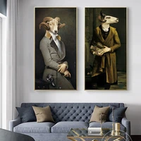 retro art gentleman goat in suit poster and prints vintage funny animal canvas painting on wall art for home living room decor