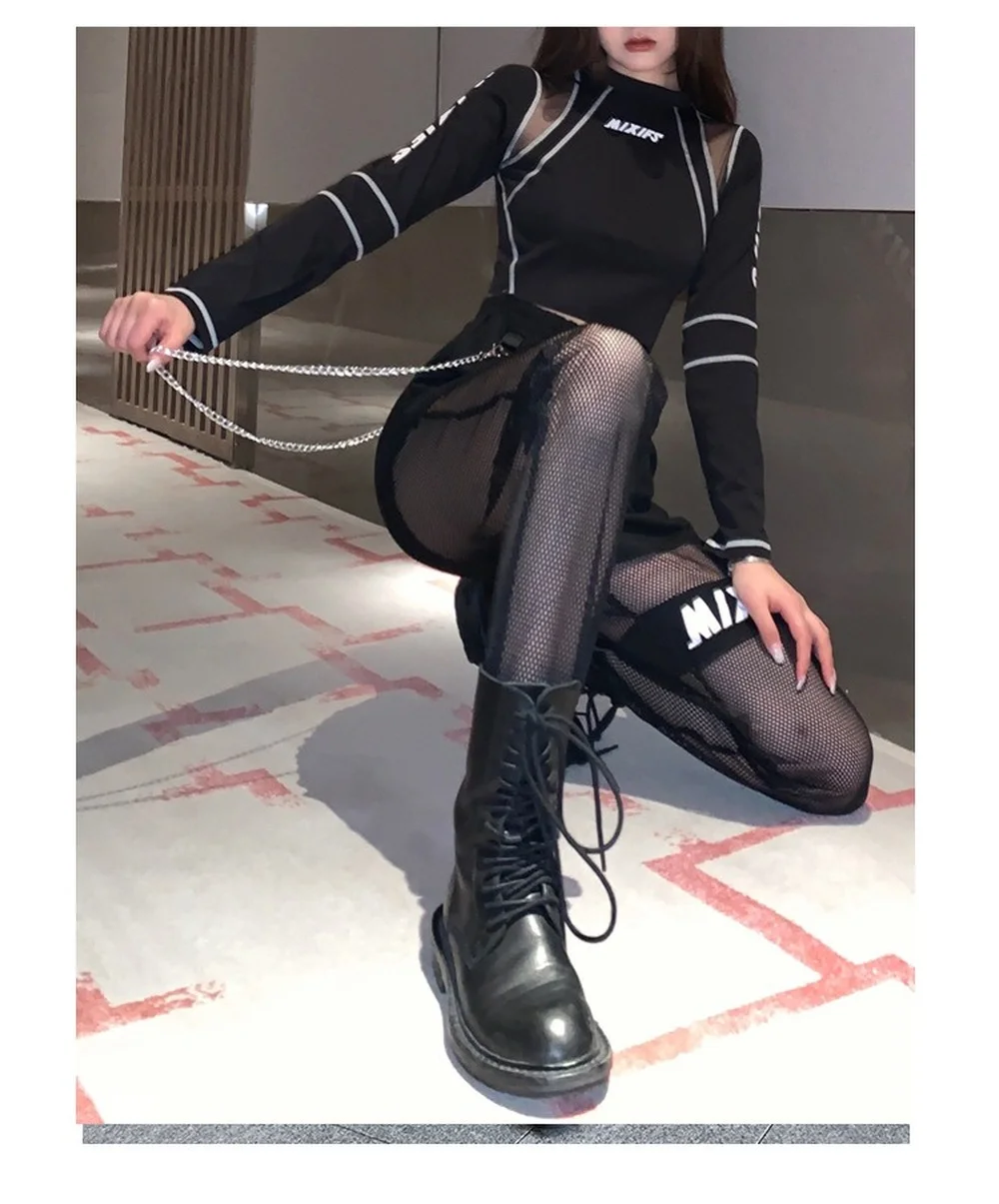 Женские пикантные Черные Сетчатые брюки карго уличная одежда в стиле Харадзюку