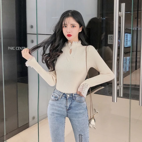 

2020 New Spring Autumn Women's Lace Sleeve Knitting Sweater Female O Neck Long Sleeve Knitted Sweater Ladys Knit Tops