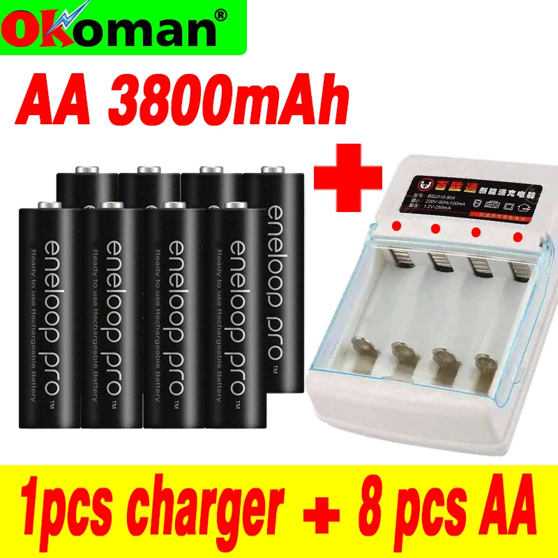 8 шт. Оригинальная батарея Pro AA 3800mAh 1 2 V Ni MH камера игрушка фонарик перезаряжаемые