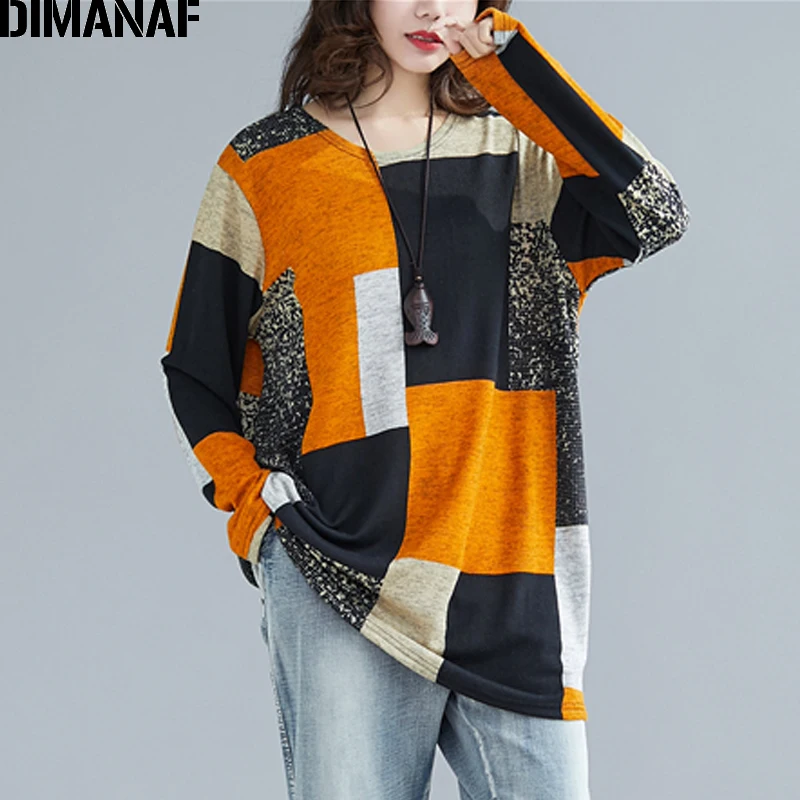 Женская футболка лоскутного покроя DIMANAF Повседневная Свободная туника из хлопка