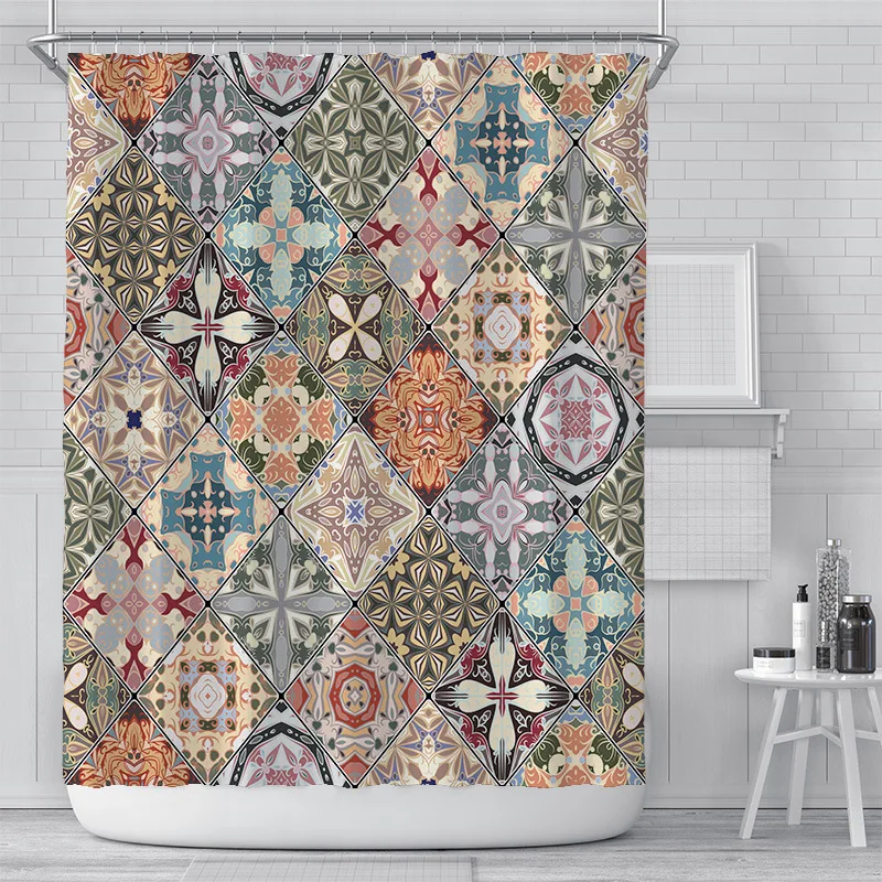 

Retro stitching rag printing bathroom decoration shower curtain polyester waterproof and mildew proof curtain with hook 180x180