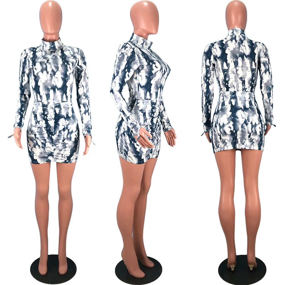 

Tie Dye Print Stand Collar Long Sleeves & Skirt Summer Women Suit European and American Hot Style Model Two Piece Set