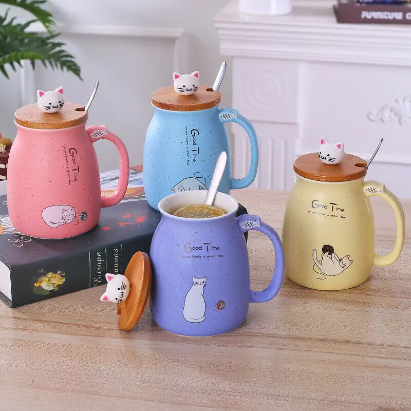 

Креативная керамическая кружка с котом и крышкой и ложкой, кофейная чашка, кружки для завтрака, молока, чая, кружка с забавным мультяшным рис...
