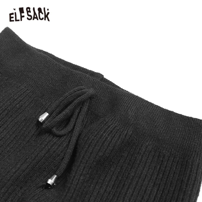 ELFSACK Black Solid Split Empire Waist Knitted Skirt Women Winter Pure New Elegant Skinny Office Ladies Daily Skirts
