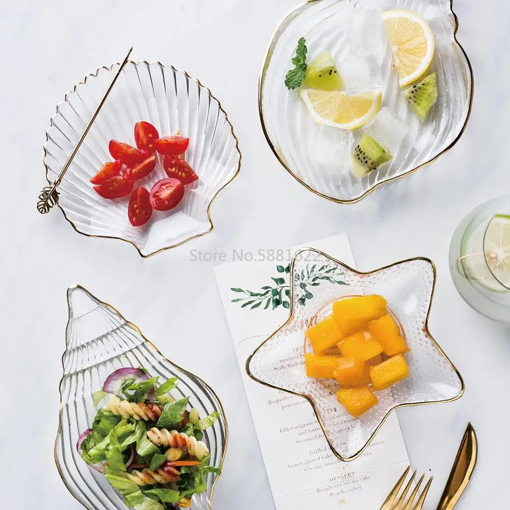Transparent Glass Salad Bowl Stars Conch Dessert Snack Rice Fruit Vegetable Gold-Edged Kitchen Tableware | Дом и сад