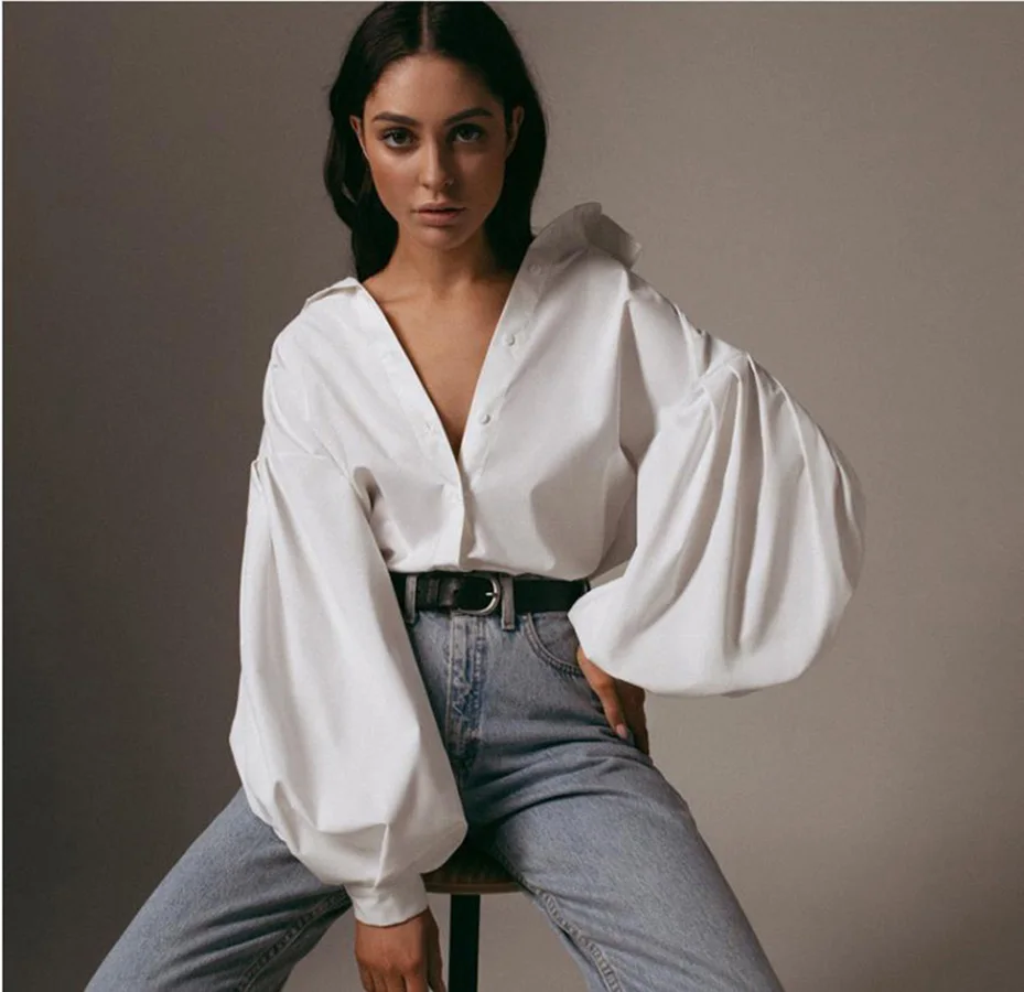 

2021 Women's British Style Solid Color Lapel Spring And Autumn Lantern Sleeve Famale's Shirt White Black Top Long Sleeve LOUAEE