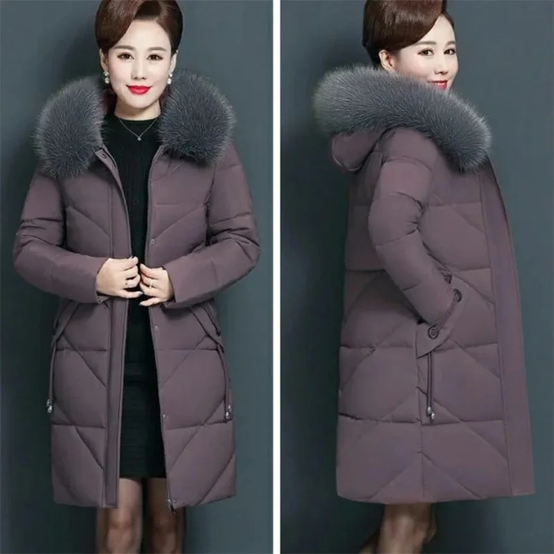 Зимнее пальто для матери с меховым воротником Размер 6XL стеганая куртка пожилых