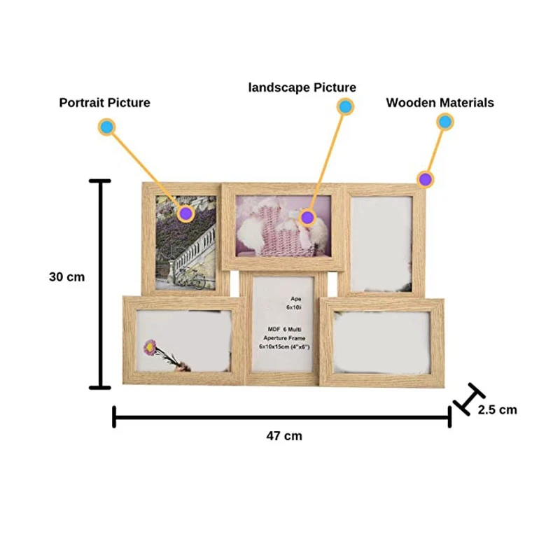 

Collage Multiple Picture Frames for 6 Photos in 4 x 6 Inches Wooden, MDF Wall Mounting Frame (Natural)