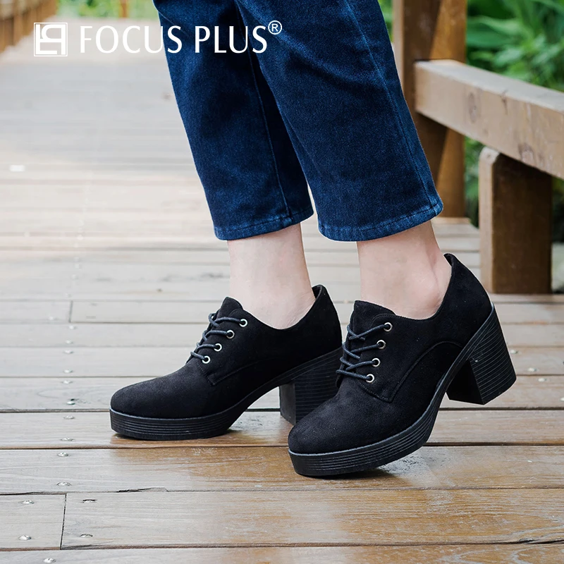 

Focusplus All Black Thick Heel Dance Shoes Soft Suede Mid-heel Lace-up Shoes Women's Singles XHDS168-1