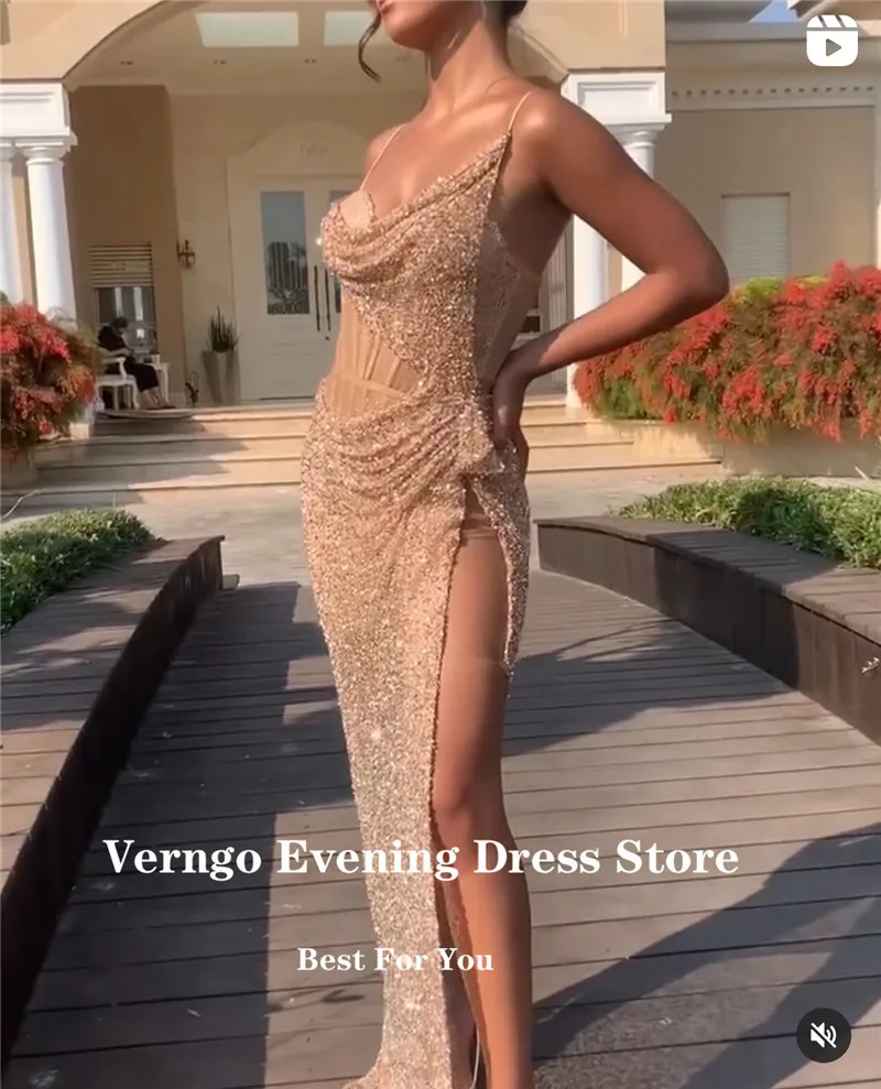 

Verngo Light Champagne Long Evening Dresses Glitter Sexy High Side Slit Fashion Party Prom Dress Israel Women Garment