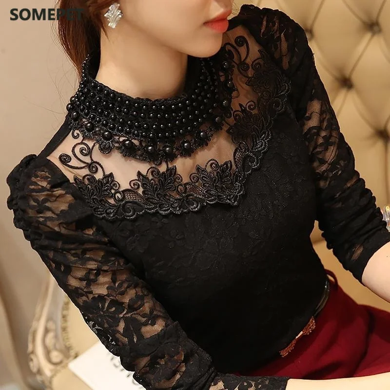 

Women Sexy Lace Blouse new Slim Plus size 3XL Lace Tops Long Sleeve Casual Shirt Beaded Openwork Feminine Tops