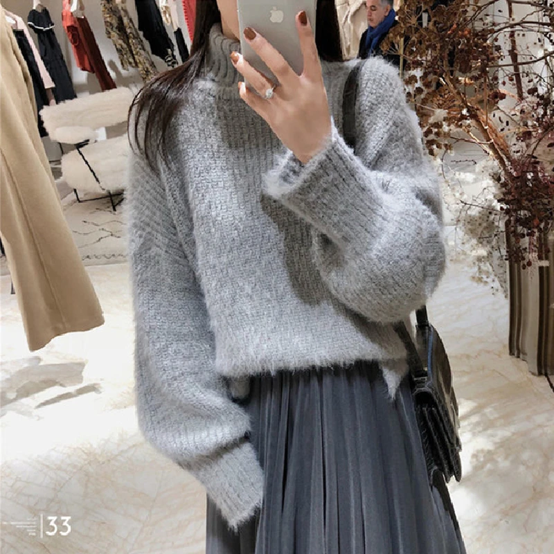 Fashion Knitted High-neck Women's Sweater 2019 Winter New Loose Imitation Suede Long Sleeve Grey Women | Женская одежда