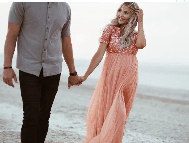 

women's sequin stitching mesh pregnant women fluttering solid color skirt short-sleeved round neck photography with long dress