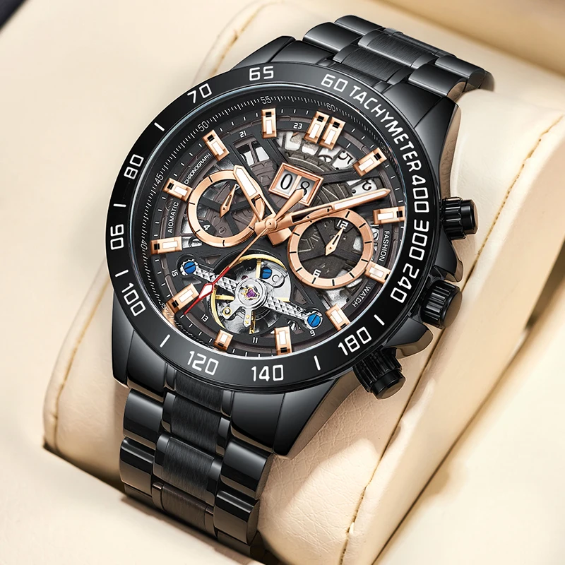 

WISHDOIT 2021 Brand Luxury Men's Watch Automatic Black Mechanical Watch Stainless Steel Waterproof Fashion Casual Men's Watch