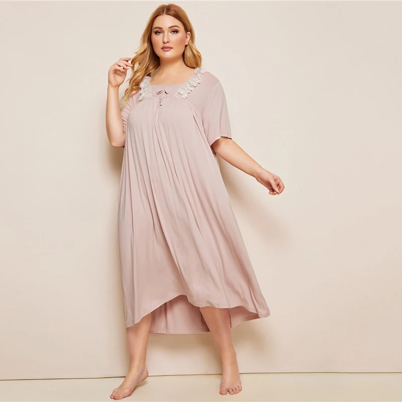 SHEIN плюс размер розовые контрастные кружевные ночные платья с коротким рукавом женские летние повседневные квадратные шеи большие размеры пижамы платье