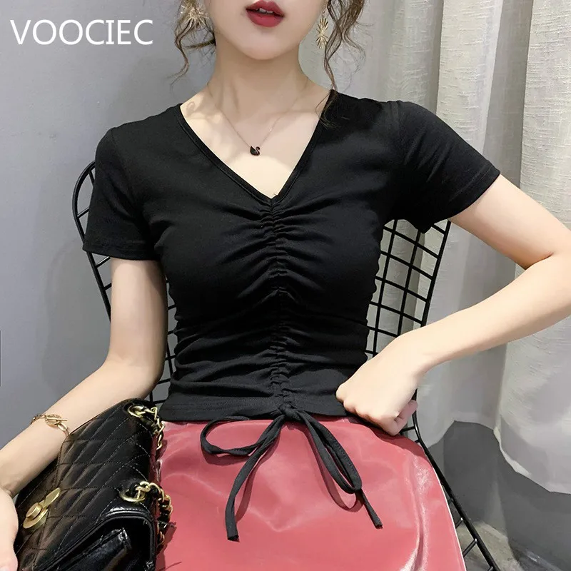 

VOOCIEC Women Summer Milkmaid Crop Tops Tanks Summer White Ruched Bow Slim Camis Ladies Wide Strap Tees Skinny Femme Camisole