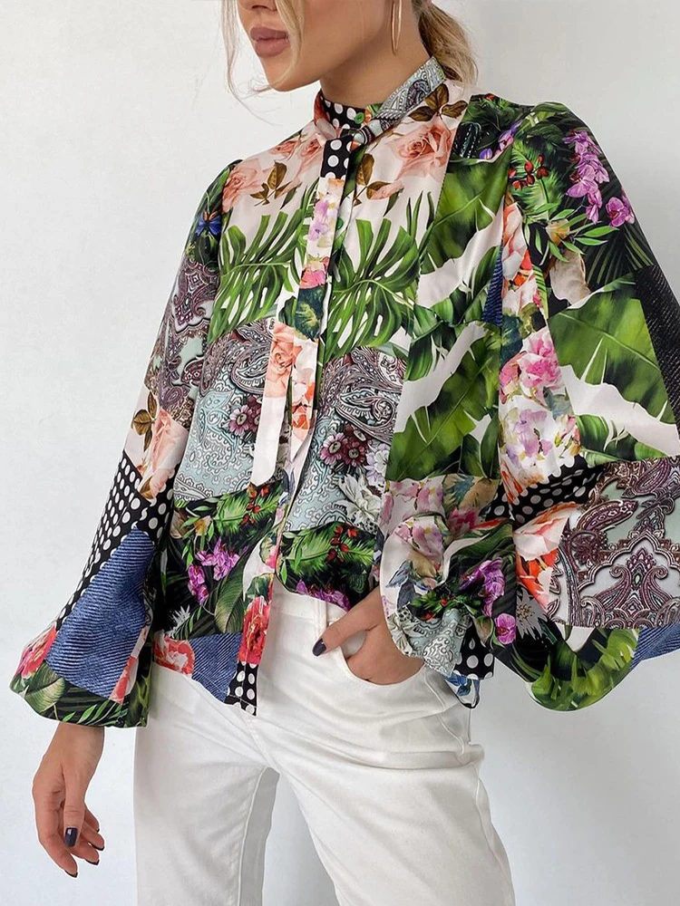 

Autumn 2021 New Y2k Print Shirt Women Ruffle Bow Neck Long Sleeve Casual Top