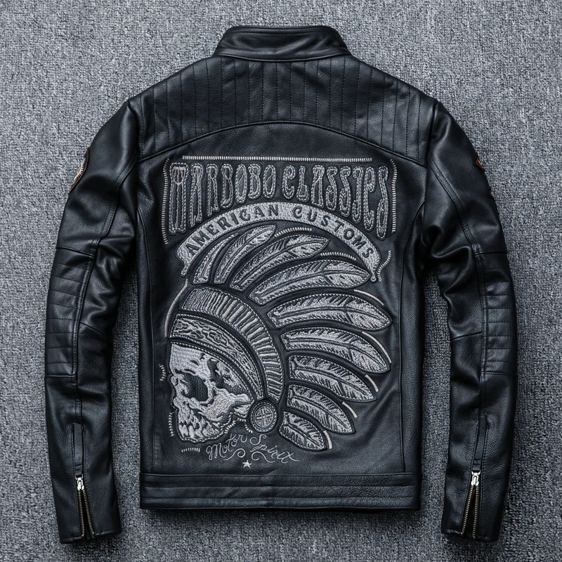 

Новинка 2021, черные мотоциклетные кожаные куртки с вышивкой черепа, мотоциклетная куртка из натуральной воловьей кожи, байкерское кожаное п...