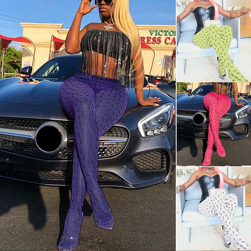 

Fuorescent Letter Printed Tight Leggings Women High Waist Step Foot Pants Bodybuilding Workout Sportswear