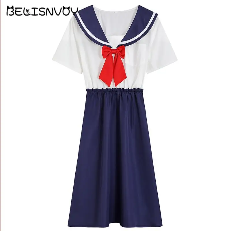 

Harajuku Sailor Collar With Bowknot Navy Dress Japanese Lolita Sweet Girl Retro Kawaii Preppy Style Short Sleeve Dress Women