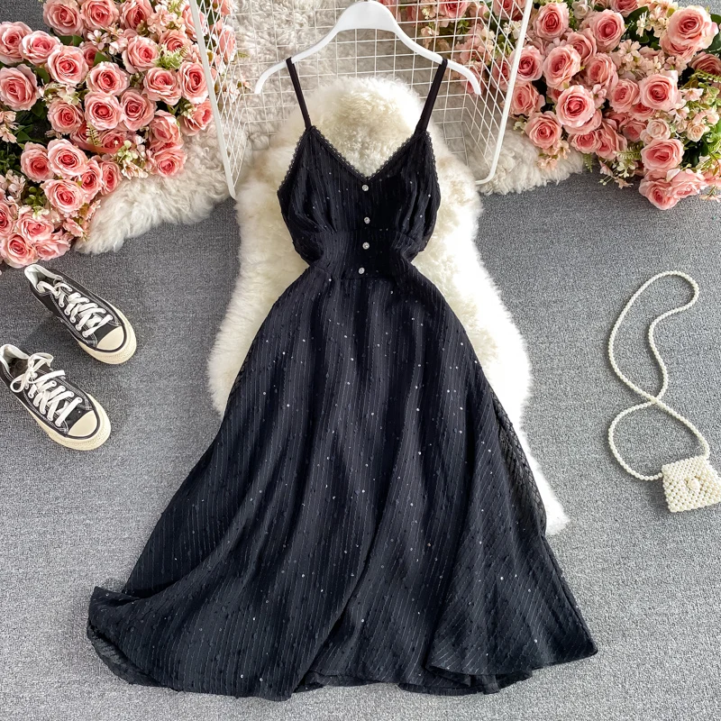 

LoveFlowerLife New 2021 Spring Summer Casual Solid Spaghetti Strap Dress A Line Button V Neck High Waist Women Dresses