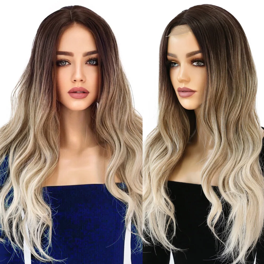 

ORIANE Long Body Wave Wigs Ombre Black Brown Blonde Synthetic Lace Wigs Cosplay Middle Part Natural Heat Resistant Wig for Women