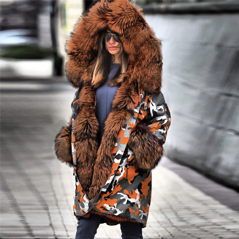 2022 New Plush Camouflage Parka Fashion Faux Fur Collar Winter cotton Jacket European Women Long sleeve Hooded Parkas Coat 2XL