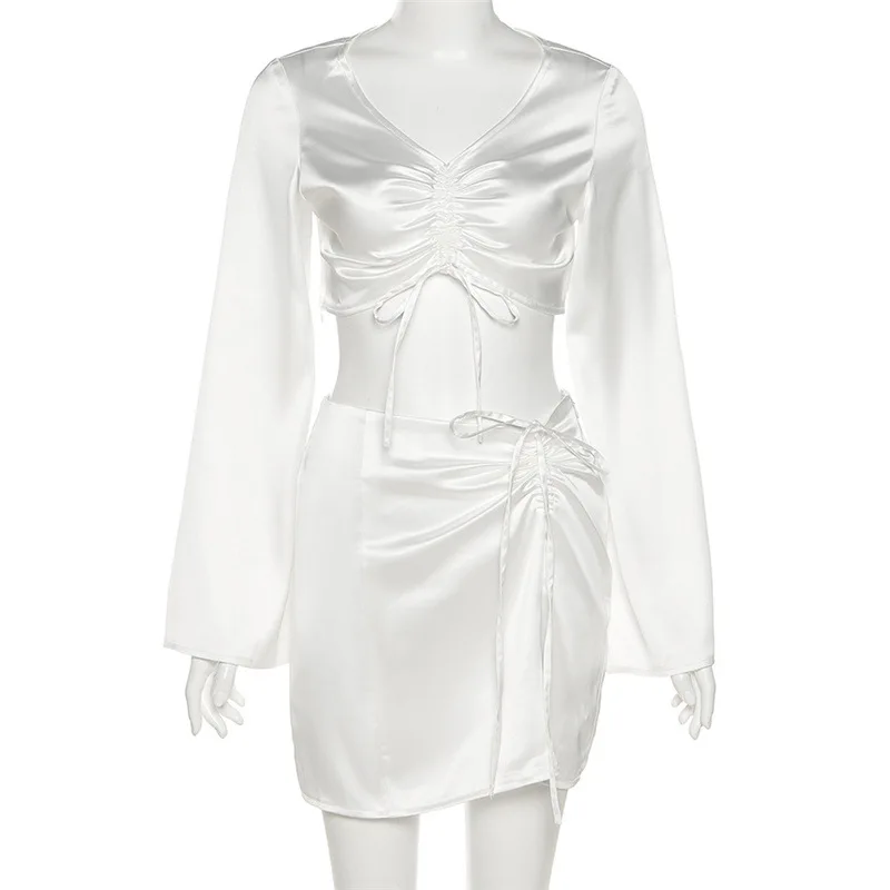 

Satin V-neck Flared Long Sleeve 2 Two-piece Suit with Women's Short Top and Skirt 2021 Autumn Birthday Fashionable Sexy Dress