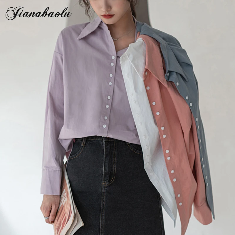 

Simple Candy Color Loose Shirts Women Turn-down Collar Blouse Tops 2022 Spring Summer Long Sleeved Buttons White Blouses