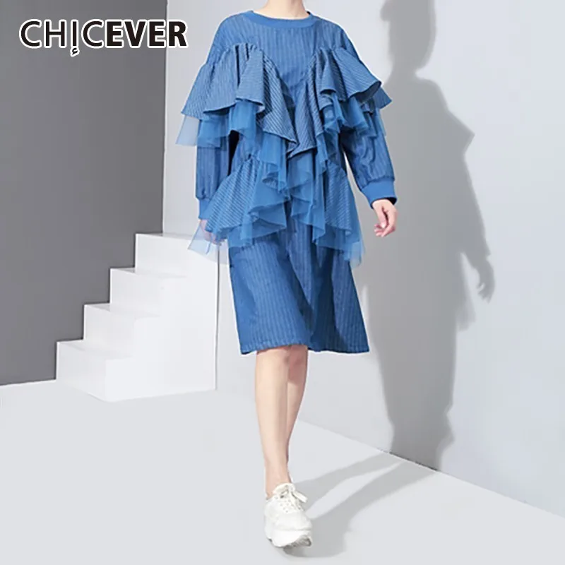 Женское шифоновое платье в полоску с круглым вырезом и пышными рукавами|Женские